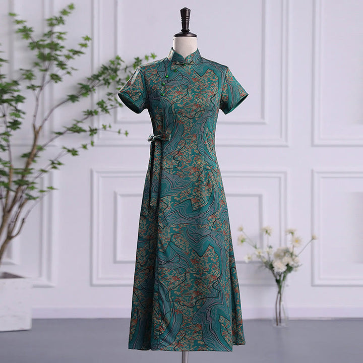 Vestido Cheongsam con estampado de hojas y nubes propicias vintage de Buddha Stones vestido Qipao para mujer - Patrón verde - US16, UK/AU20, EU48 (5XL) - image 13