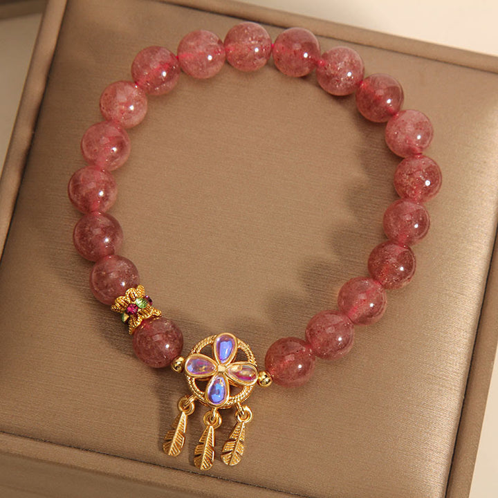 Pulsera de amor con dije de atrapasueños de trébol de cuatro hojas de cuarzo fresa Natural con Buddha Stones