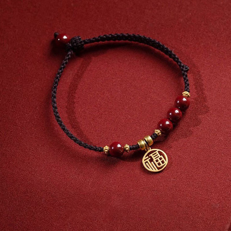 Pulsera de hilo trenzado con cuentas de cinabrio y Buddha Stones , abalorio con carácter Fu