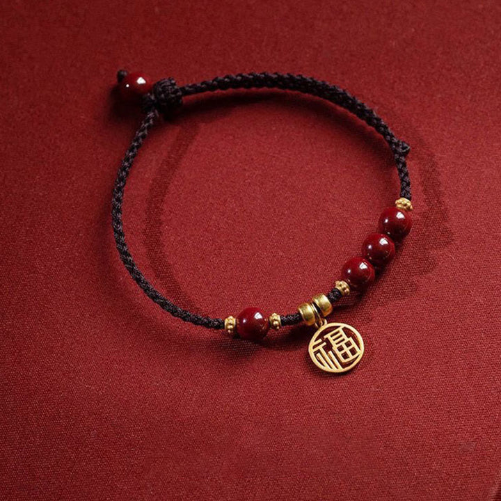 Pulsera de hilo trenzado con cuentas de cinabrio y Buddha Stones , abalorio con carácter Fu