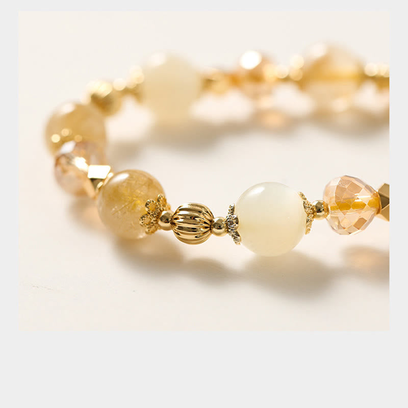 Pulsera con amuleto de la fortuna de la suerte, campana de la riqueza, cuarzo rutilado dorado, chapado en oro de 14 quilates con Buddha Stones