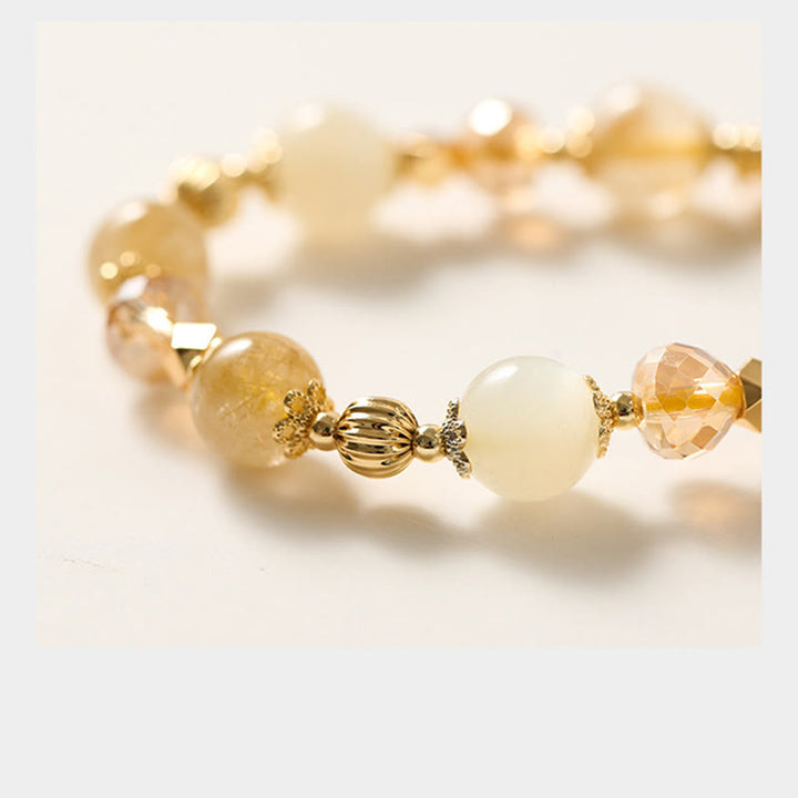 Pulsera con amuleto de la fortuna de la suerte, campana de la riqueza, cuarzo rutilado dorado, chapado en oro de 14 quilates con Buddha Stones