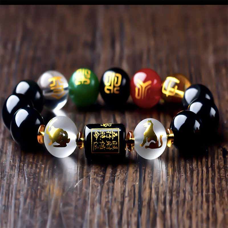 Pulsera de porsperidad de riqueza de cinco elementos de obsidiana Feng Shui del zodíaco chino con Buddha Stones