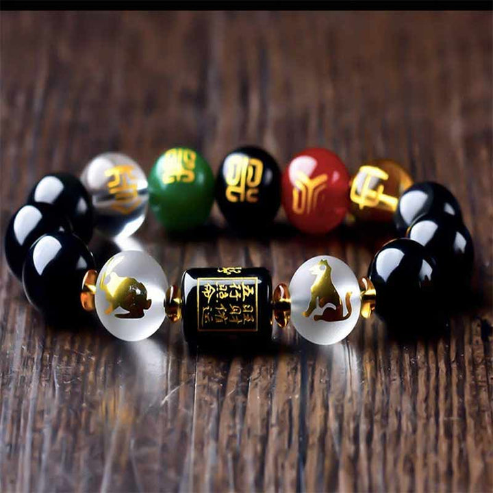 Pulsera de porsperidad de riqueza de cinco elementos de obsidiana Feng Shui del zodíaco chino con Buddha Stones