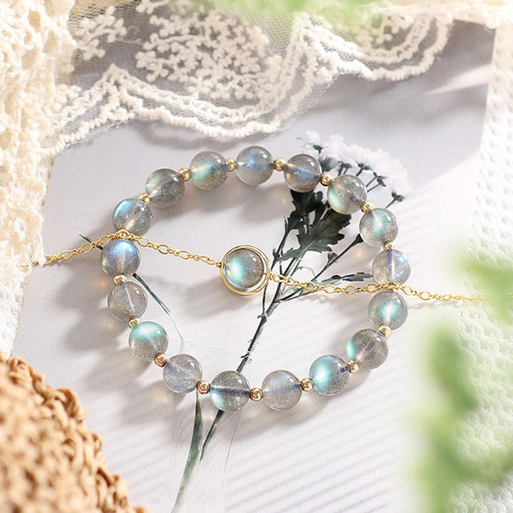 Pulsera de amor curativa con piedra lunar natural chapada en oro de 14 quilates con Buddha Stones