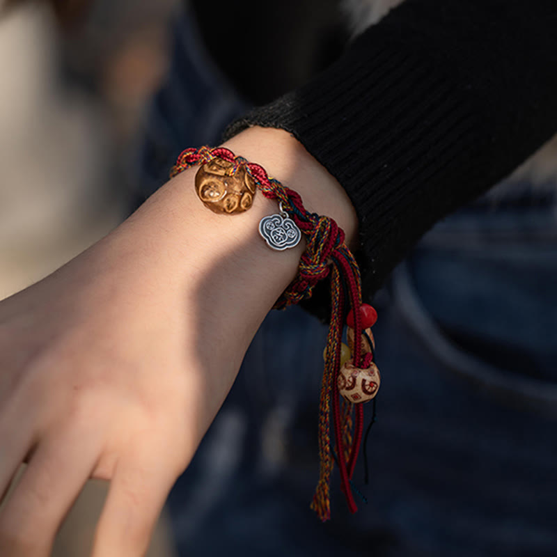 Pulsera de cuerda de fuerza de protección de peces Koi de Plata de Ley 925 con hilo colorido hecho a mano tibetano con Buddha Stones
