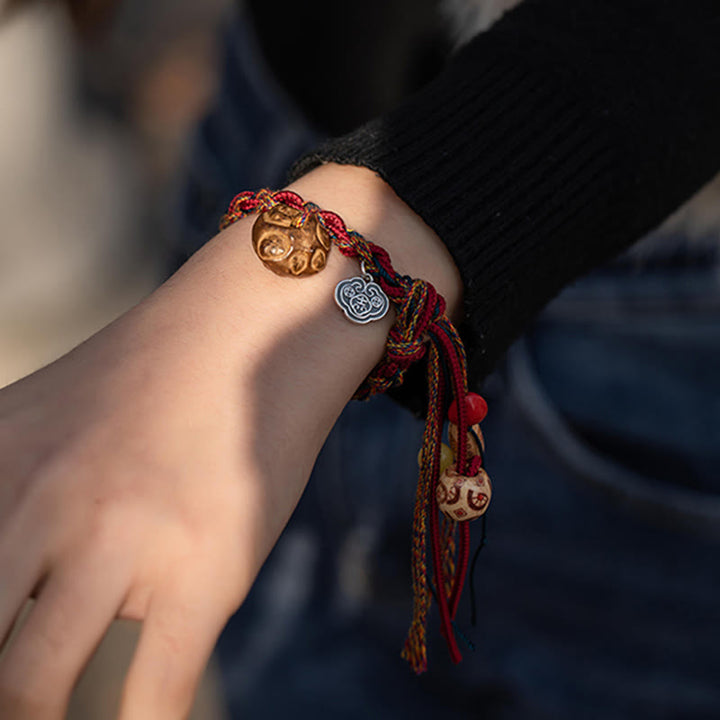 Pulsera de cuerda de fuerza de protección de peces Koi de Plata de Ley 925 con hilo colorido hecho a mano tibetano con Buddha Stones
