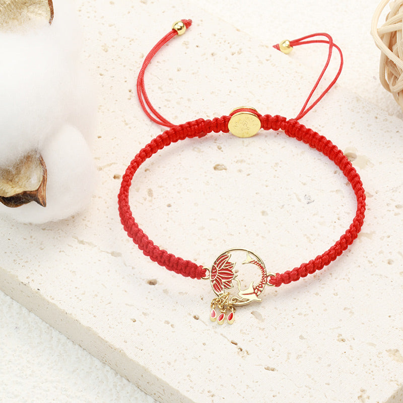 Pulsera de hilo rojo de la suerte con pez Koi de loto hecho a mano tibetano con Buddha Stones