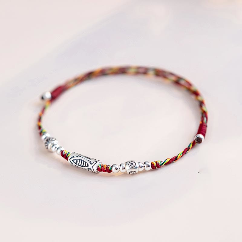 Pulsera tobillera de hilo colorido trenzado con pez Koi de la suerte de plata de ley 925 con Buddha Stones