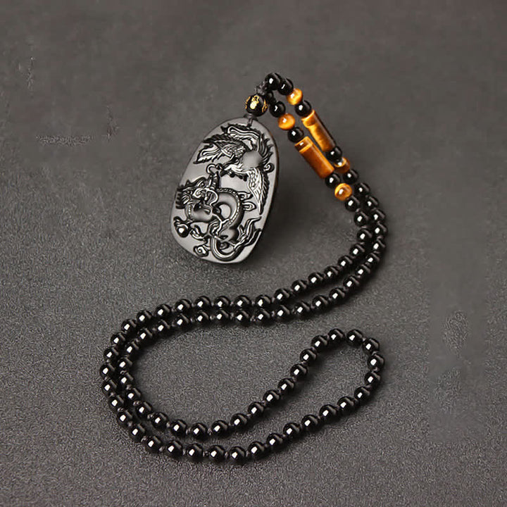 Colgante de collar con cuentas de protección de dragón y fénix de ojo de tigre de obsidiana negra