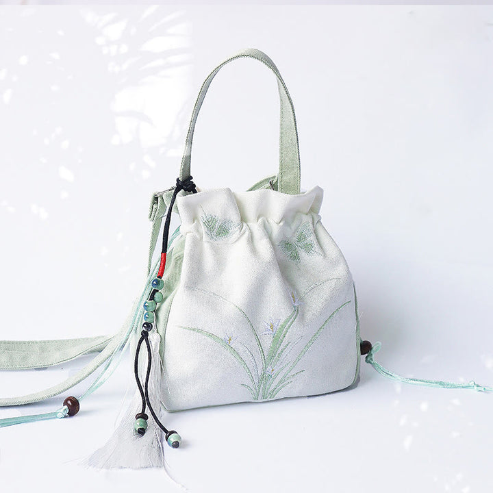 Bolso de hombro de lona con flores bordadas hechas a mano con Buddha Stones