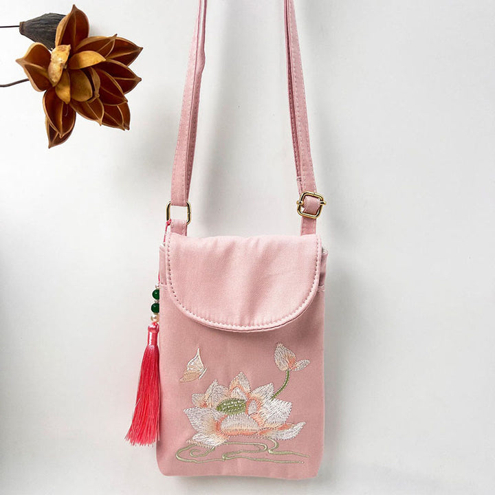 Bolso bandolera con flores bordadas pequeñas y Buddha Stones, bolso de hombro, bolso para móvil de doble capa