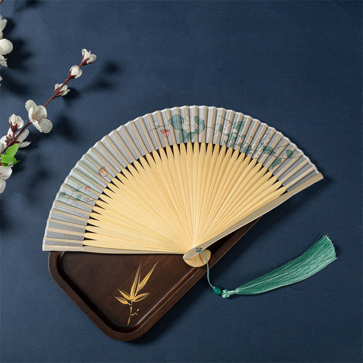 Abanico plegable de bambú de seda de mano con Buddha Stones , loto, flor de Begonia, jazmín, 21cm