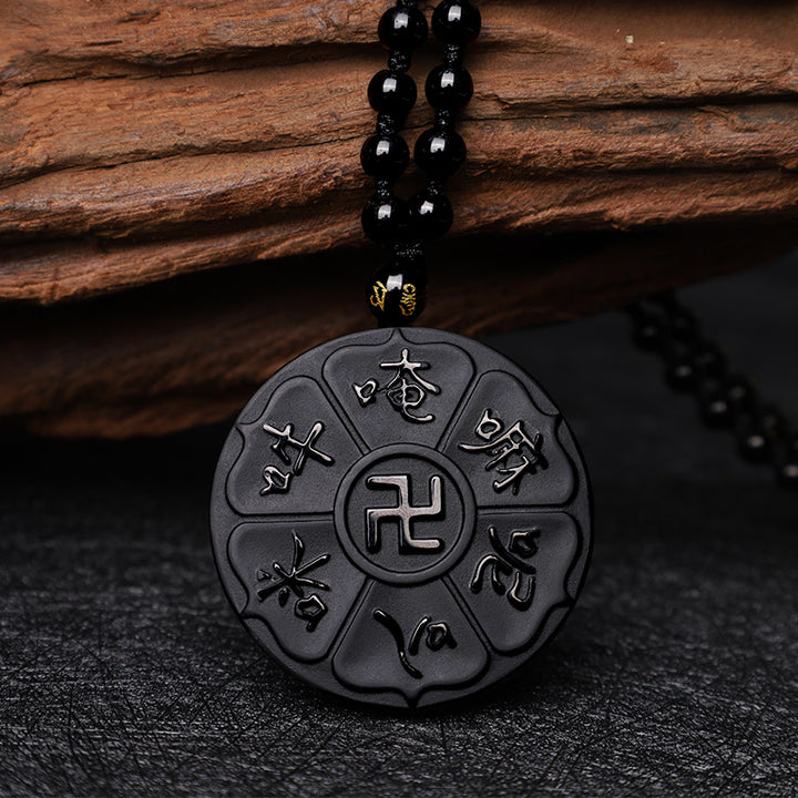 Buddha Stones, obsidiana negra Natural, Om Mani Padme Hum tibetano, colgante de collar de la suerte de la esvástica de Buda