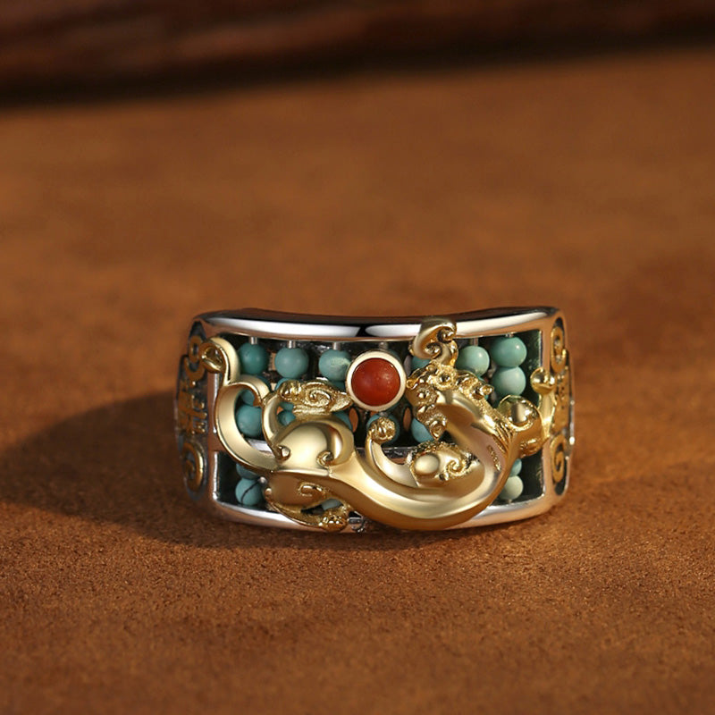 Anillo de protección de ábaco PiXiu de ágata roja turquesa de plata de ley 925 con Buddha Stones