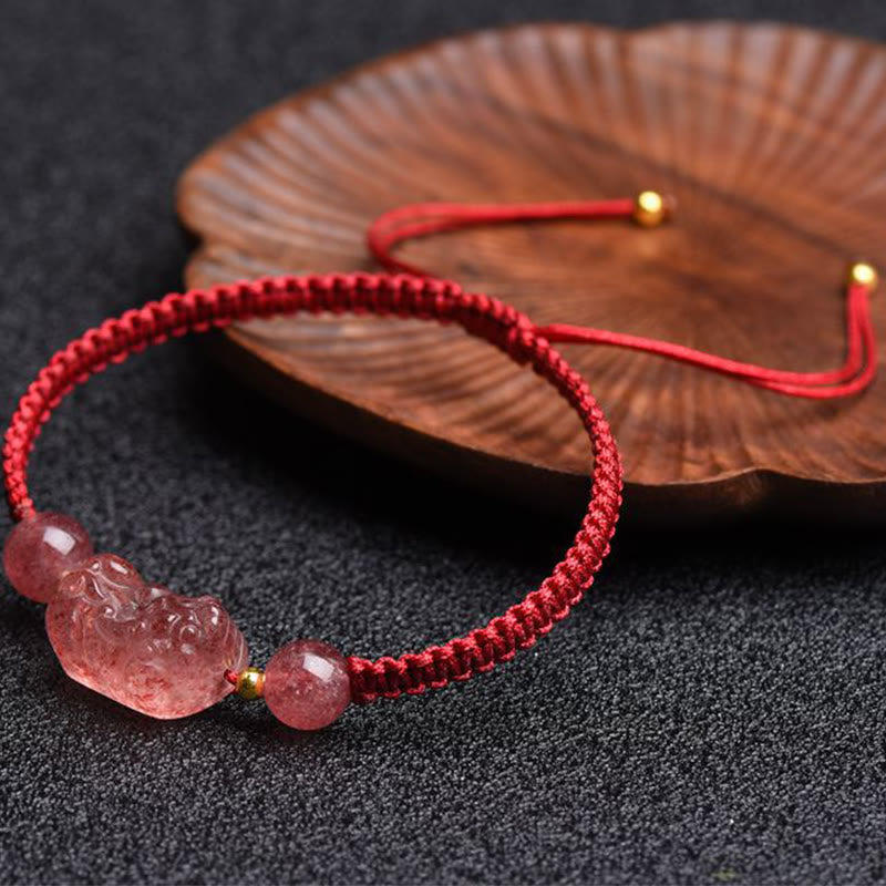 Pulsera de hilo rojo de la suerte PiXiu de cuarzo fresa Natural con Buddha Stones