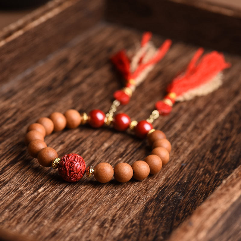 Pulsera de borlas de riqueza PiXiu de cinabrio de madera de melocotón Natural tibetana con Buddha Stones