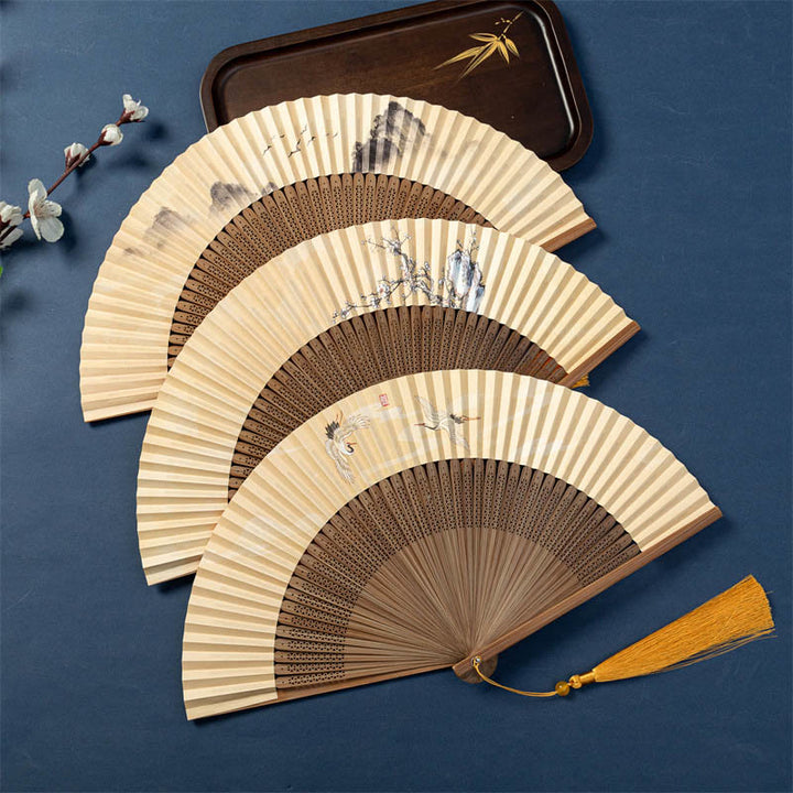 Abanico plegable de bambú de seda de mano con Buddha Stones , libélula de loto, gansos salvajes, flor de ciruelo, 22,5 cm
