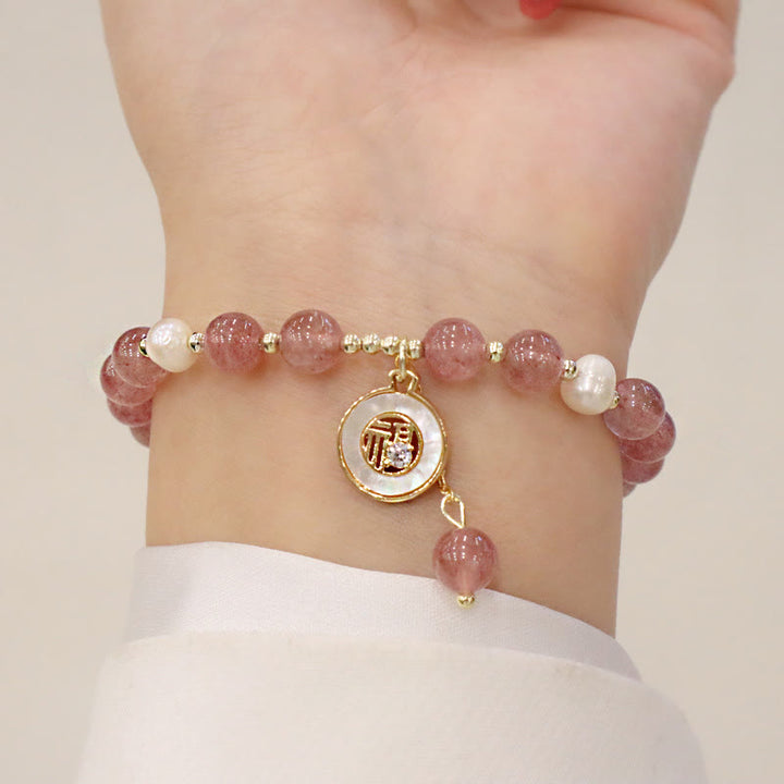 Pulsera curativa con dije de personaje Fu de cola de pez con cara sonriente de alce y perlas de cuarzo fresa con Buddha Stones