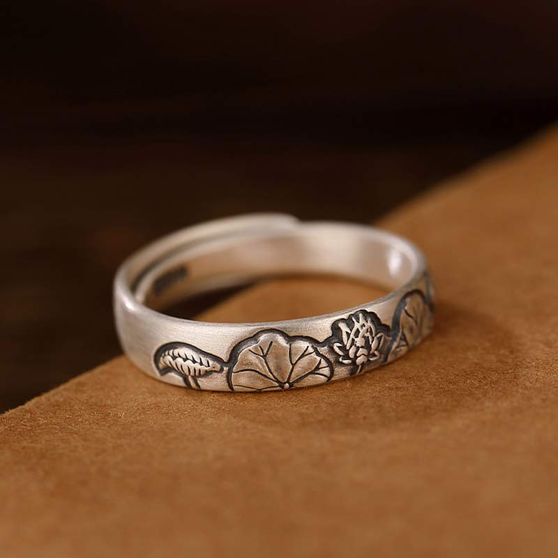 Anillo de iluminación de flor de peonía de loto de plata de ley 999