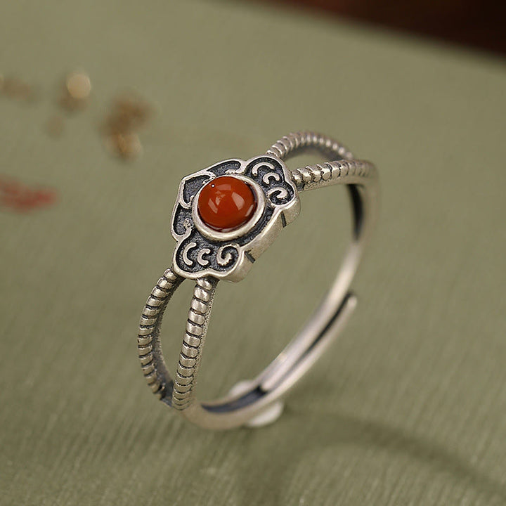 Anillo de pensamiento lógico con cuentas de ágata roja de plata de ley 925 con Buddha Stones