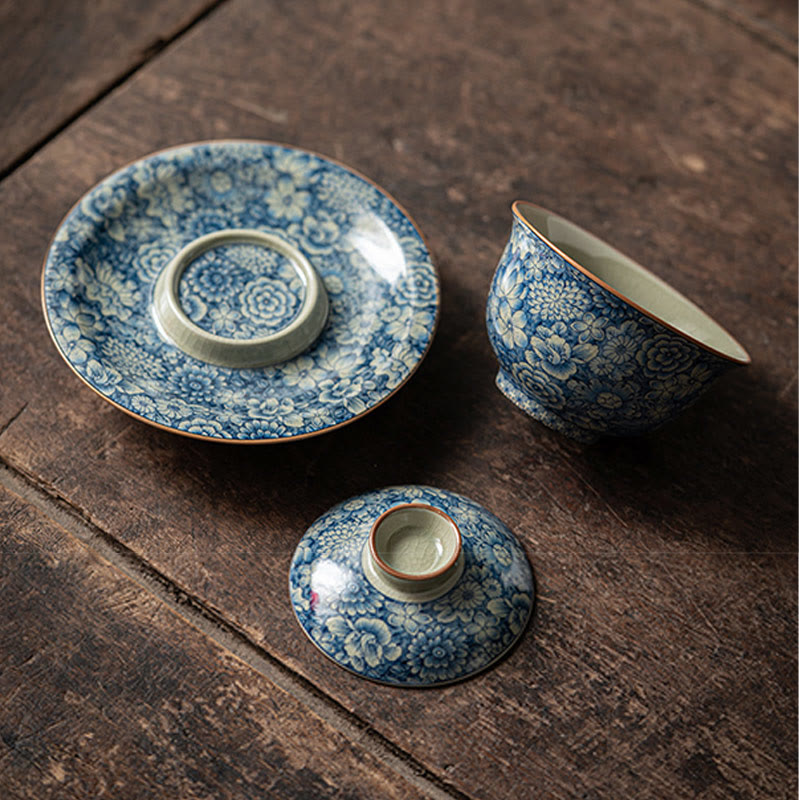 Buddha Stones azul y blanca vintage Flor de durazno Loto Peonía Cerámica Gaiwan Sancai Taza de té Kung Fu Taza de té y platillo con tapa - image 3