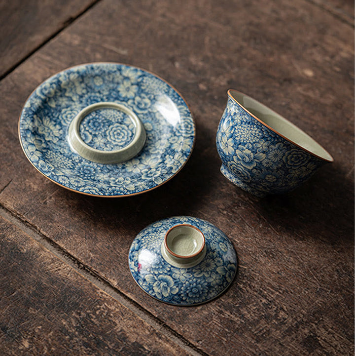 Buddha Stones azul y blanca vintage Flor de durazno Loto Peonía Cerámica Gaiwan Sancai Taza de té Kung Fu Taza de té y platillo con tapa - image 3