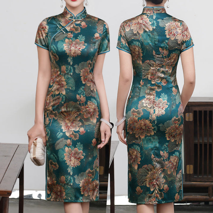 Vestido Cheongsam para mujer con estampado de plumas de peonía y flor de loto Retro con Buddha Stones - Loto verde - US16, UK/AU20, EU48 (5XL) - image 15