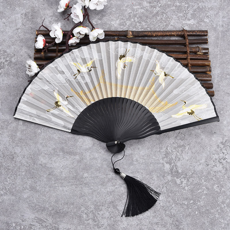 Abanico plegable de bambú de mano con diseño de grulla de nube vintage de Buddha Stones