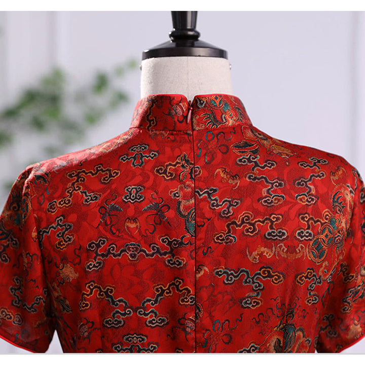 Vestido Cheongsam con estampado de hojas y nubes propicias vintage de Buddha Stones vestido Qipao para mujer