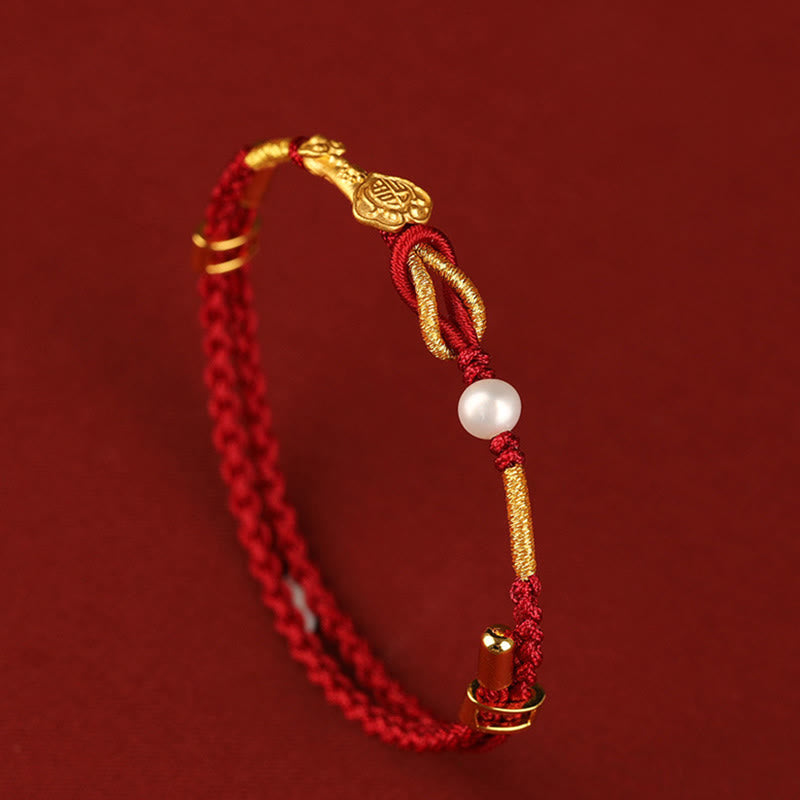 Pulsera trenzada de la suerte con perlas de conejo y mango de Ruyi del deseo de oro de 24 quilates con Buddha Stones
