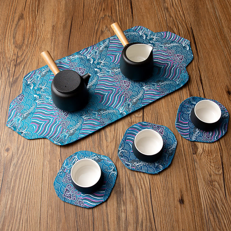 Tapete para taza con bordado de brocado de flor de ciruelo de bambú, posavasos para taza de té, Buddha Stones, ola de mar, tapete para té Kung Fu