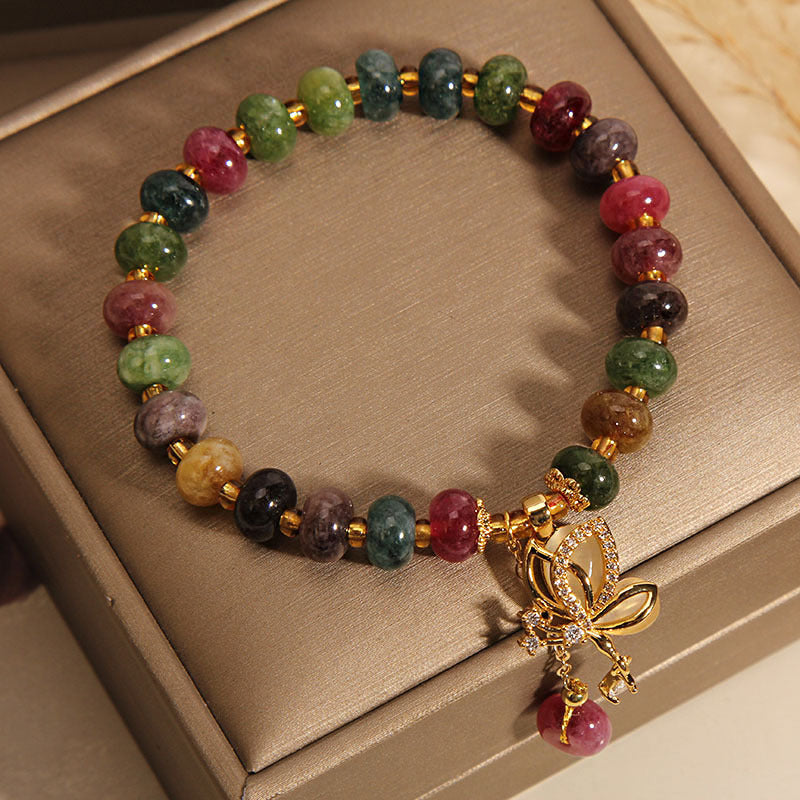 Pulsera de sabiduría con dije de mariposa y turmalina colorida con Buddha Stones