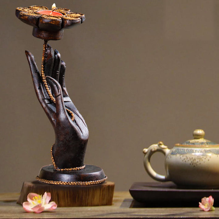 Candelabro de madera con diseño de mano de Buddha Stones , decoración para el hogar