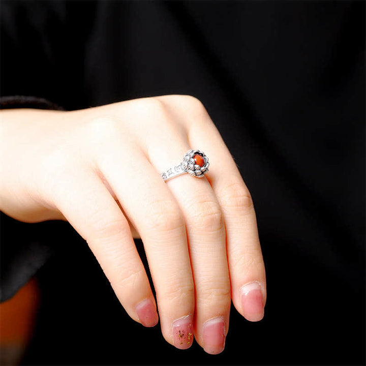 Anillo de bendición de confianza de ágata roja de loto de plata de ley 925