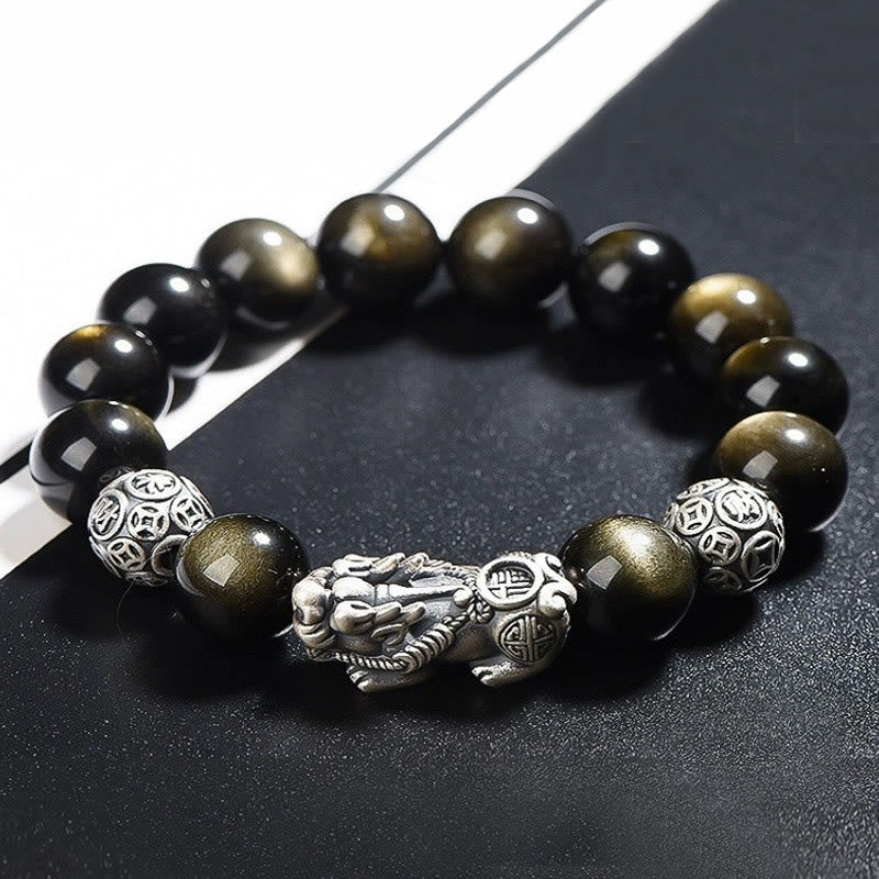 Pulsera de protección de la riqueza PiXiu de obsidiana brillante de oro natural de plata de ley 925 con Buddha Stones - 14 mm - image 5