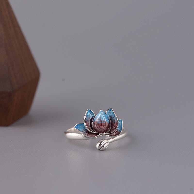 Anillo ajustable de flor de loto de plata de ley 925 con Buddha Stones
