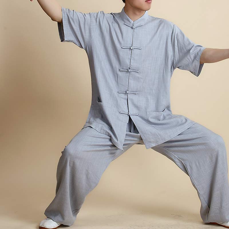 Conjunto de ropa unisex con bordado de Buddha Stones para meditación, oración zen, práctica espiritual de tai chi y qigong - Manga corta gris - US14, UK/AU18, EU46 (3XL) - image 30