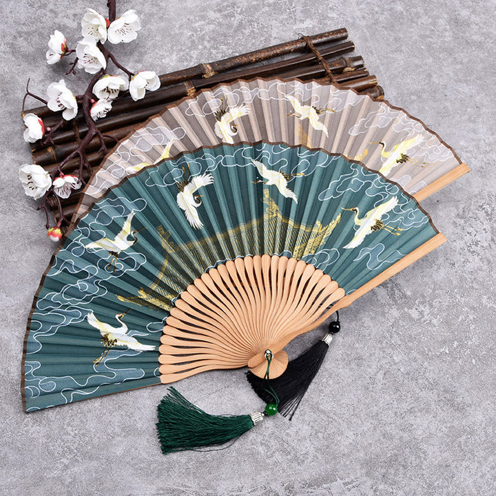 Abanico plegable de bambú de mano con diseño de grulla de nube vintage de Buddha Stones
