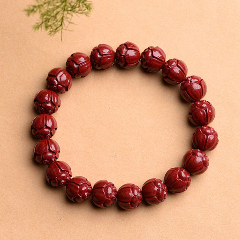 Pulsera de bendición de loto con patrón de traste Om Mani Padme Hum de cinabrio Natural con Buddha Stones