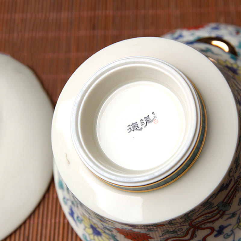 Buddha Stones Retro, flor de ciruelo, pino, bambú, Phoenix Kirin, cerámica Gaiwan Sancai, taza de té de Kung Fu y platillo con tapa