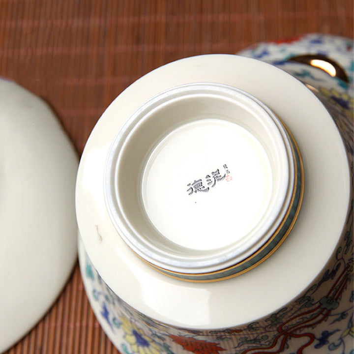 Buddha Stones Retro, flor de ciruelo, pino, bambú, Phoenix Kirin, cerámica Gaiwan Sancai, taza de té de Kung Fu y platillo con tapa