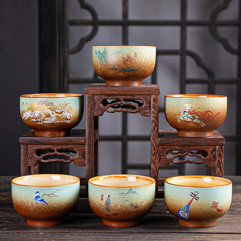 Buddha Stones, ciervo colorido, Pipa, nieve, flores de ciruelo, montañas, ríos, pájaro, taza de té de cerámica, tazón de té de Kung Fu