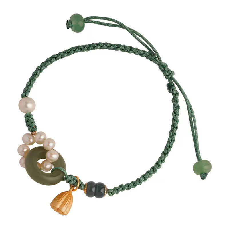 Pulsera trenzada hecha a mano con Buddha Stones, jade hetiano natural, hebilla de la paz, perla de la suerte