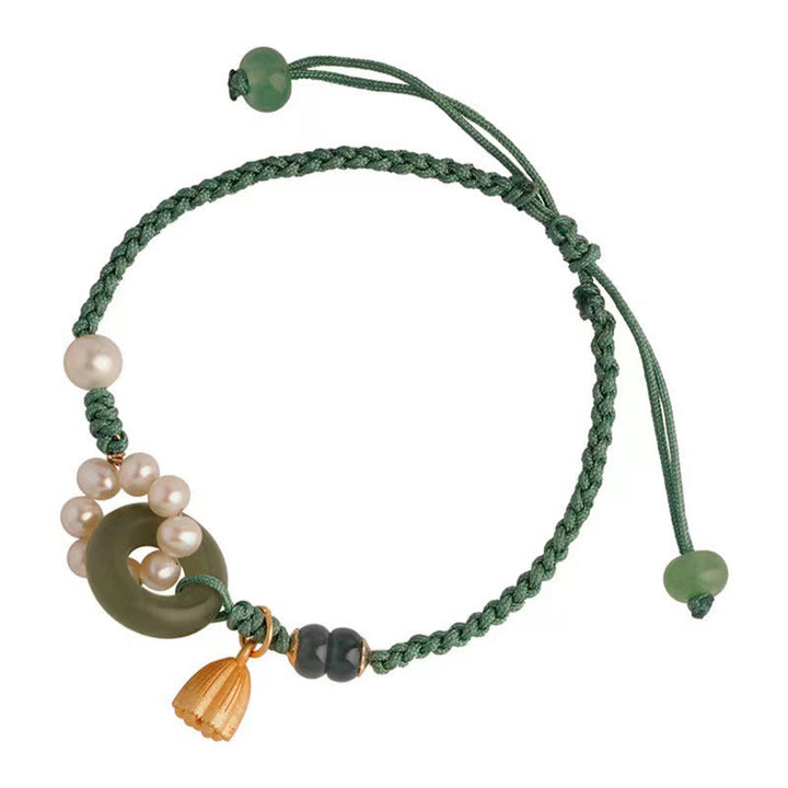 Pulsera trenzada hecha a mano con Buddha Stones, jade hetiano natural, hebilla de la paz, perla de la suerte