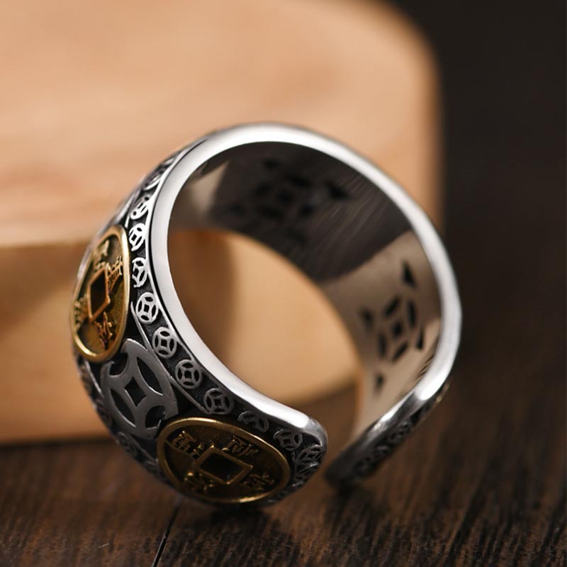 Anillo ajustable con equilibrio de monedas de cinco emperadores y Buddha Stones