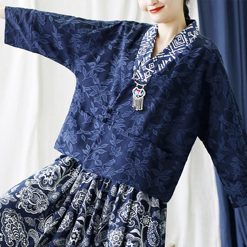 Chaqueta de manga larga con cuello en V y jacquard floral con Buddha Stones