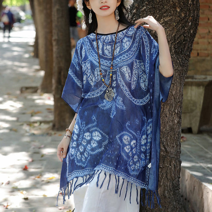 Jersey de viaje acogedor con borlas y chal teñido añil de mariposa azul con Buddha Stones 90*95cm