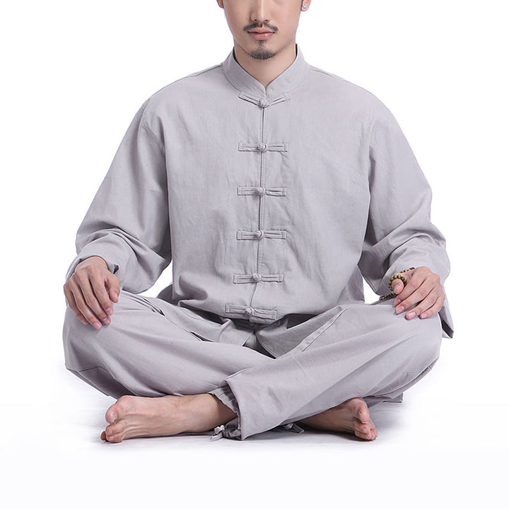 Conjunto de ropa de yoga para hombre con diseño de botón de rana china y Buddha Stones, de lino y algodón para meditación y oración - Gris (Manga larga) - US/UK/AU44，EU54 (3XL) - image 0