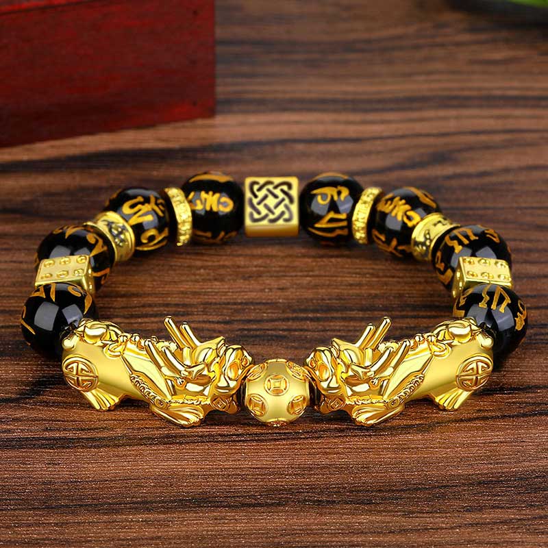 Buddha Stones FengShui Doble PiXiu Obsidiana Om Mani Padme Hum Pulsera de Riqueza